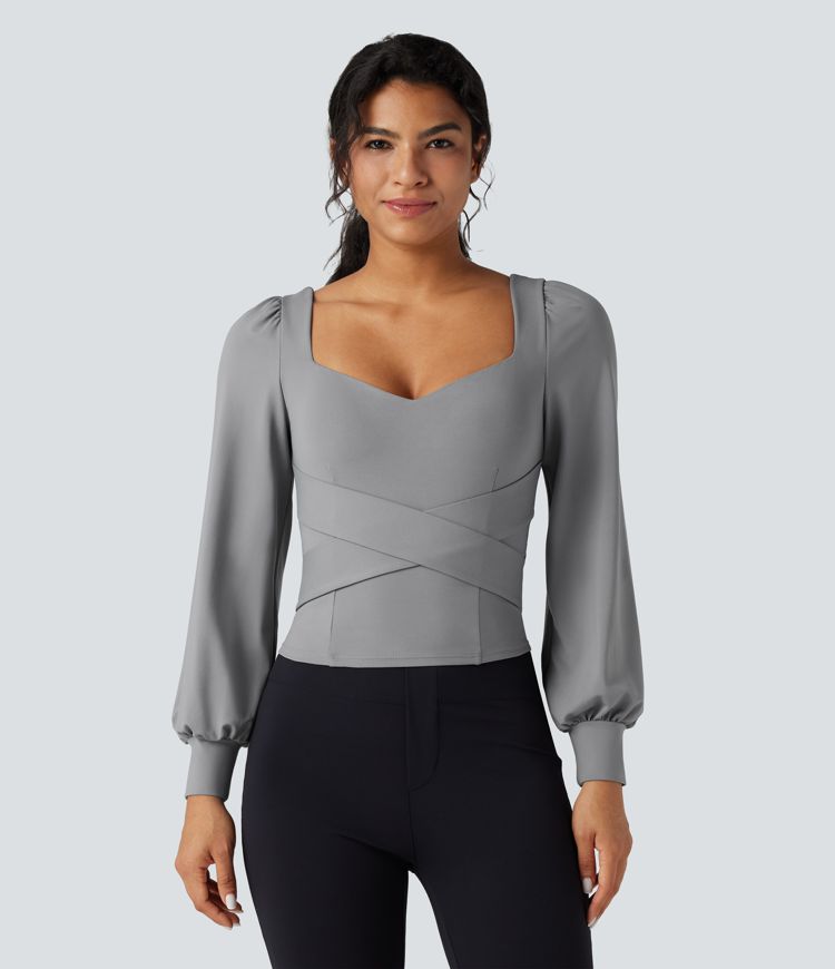 Push-Up Molded Cups Sweetheart Neck Puff Sleeve Crossover Work Top