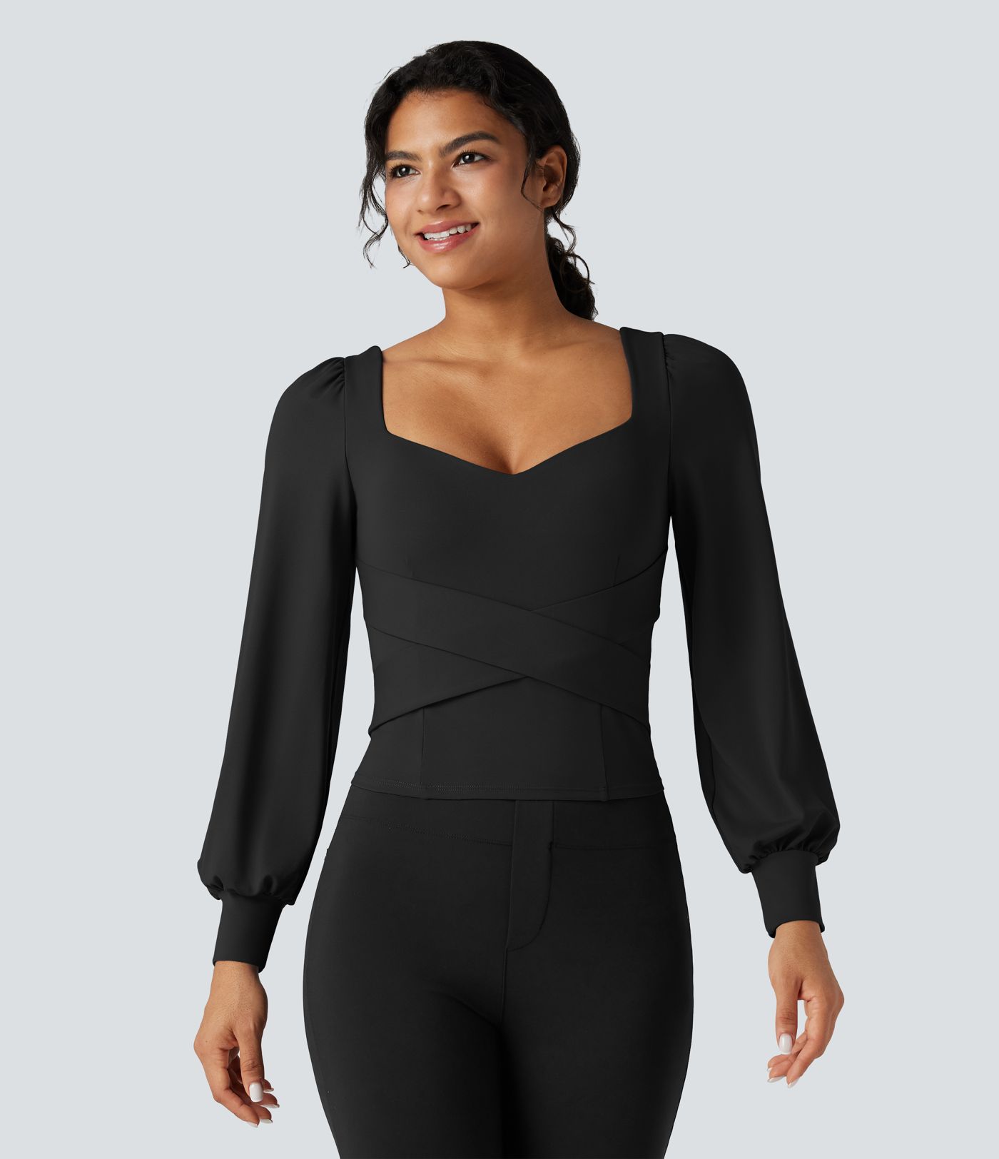 Push-Up Molded Cups Sweetheart Neck Puff Sleeve Crossover Work Top A/B Cup