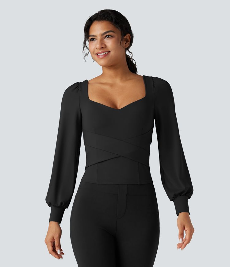 Push-Up Molded Cups Sweetheart Neck Puff Sleeve Crossover Work Top A/B Cup