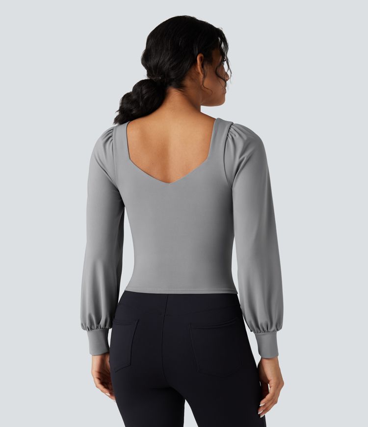 Push-Up Molded Cups Sweetheart Neck Puff Sleeve Crossover Work Top