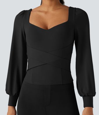 Push-Up Molded Cups Sweetheart Neck Puff Sleeve Crossover Work Top A/B Cup