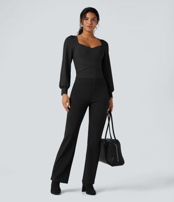 Push-Up Molded Cups Sweetheart Neck Puff Sleeve Crossover Work Top A/B Cup