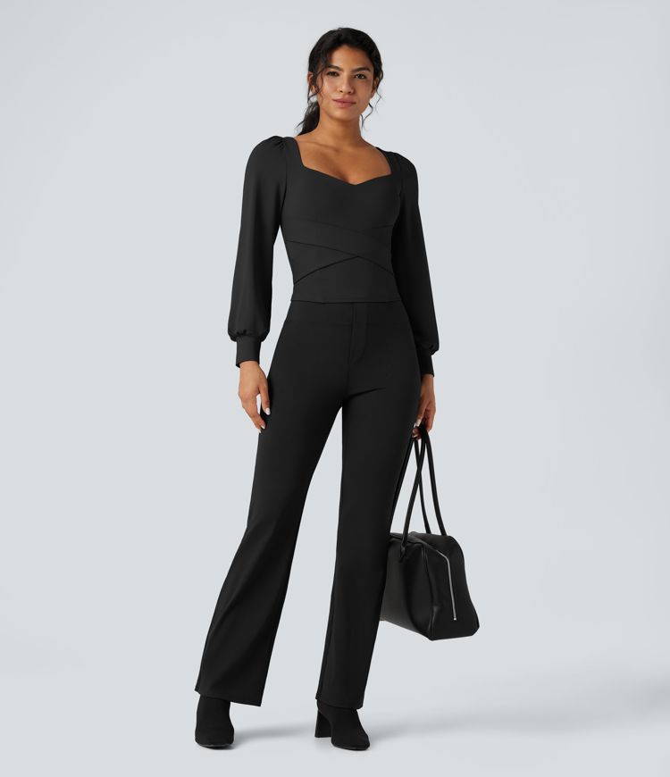 Push-Up Molded Cups Sweetheart Neck Puff Sleeve Crossover Work Top A/B Cup