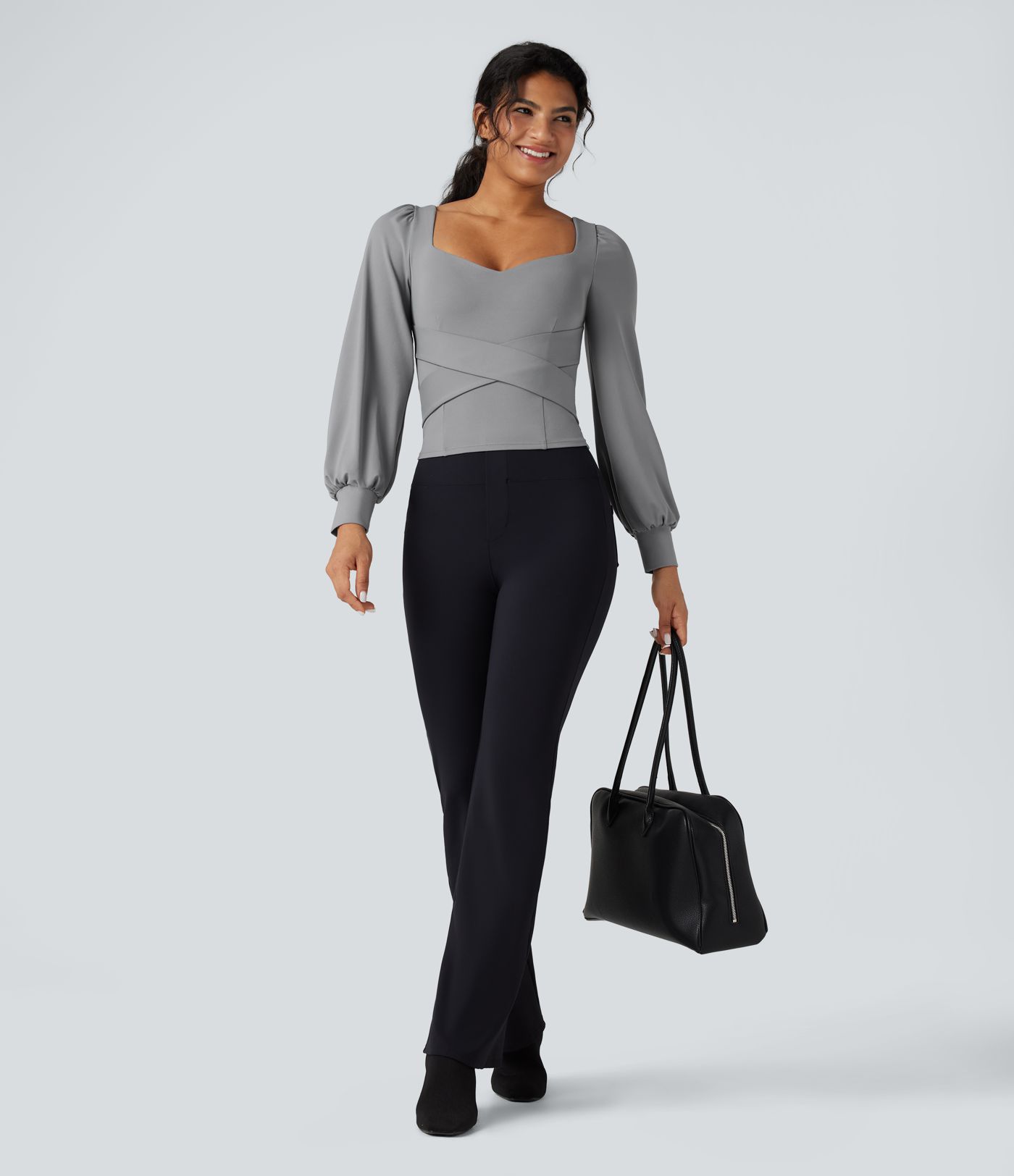 Push-Up Molded Cups Sweetheart Neck Puff Sleeve Crossover Work Top