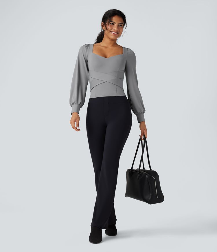 Push-Up Molded Cups Sweetheart Neck Puff Sleeve Crossover Work Top