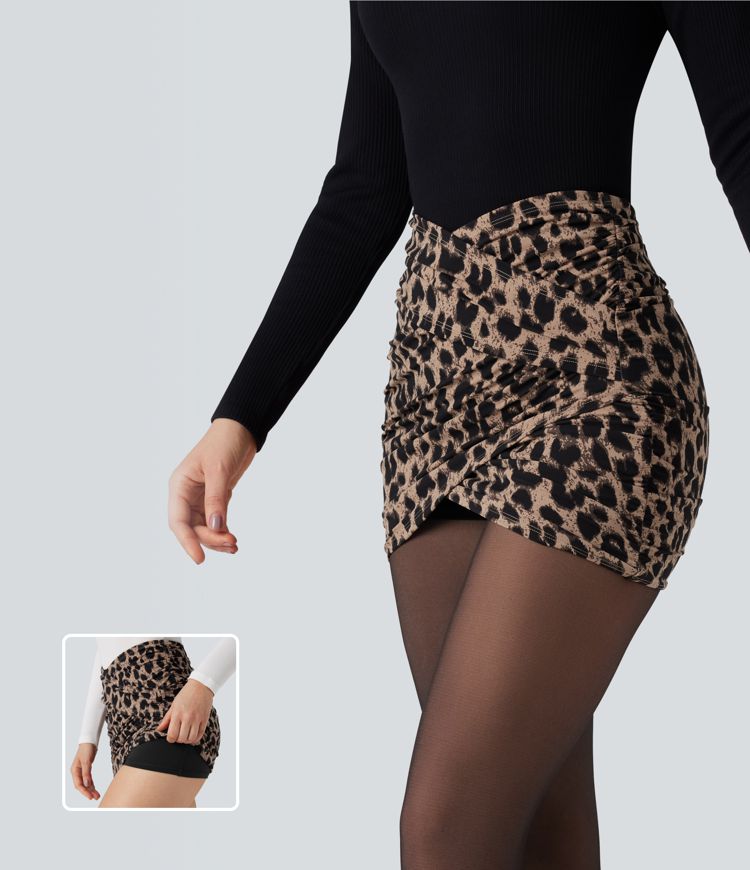 Jupe de soirée mini moulante Halara UltraSculpt™ 2-en-1 imprimée léopard croisée taille haute
