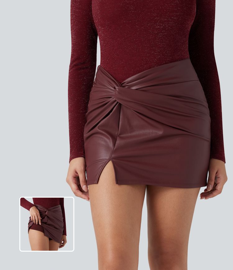Jupe de soirée mini moulante 2-en-1 torsadée fendue polaire simili cuir taille haute