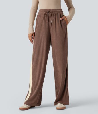 Hochgeschnittene Cordhose im Colorblock-Design mit Kordelzug, geradem Bein und Taschen