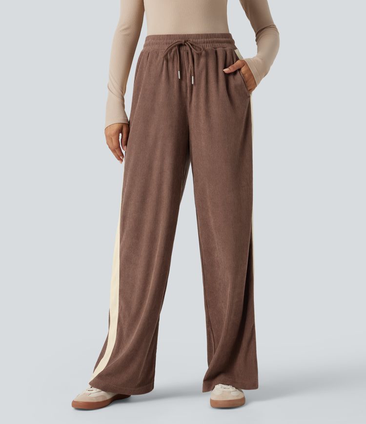 Hochgeschnittene Cordhose im Colorblock-Design mit Kordelzug, geradem Bein und Taschen