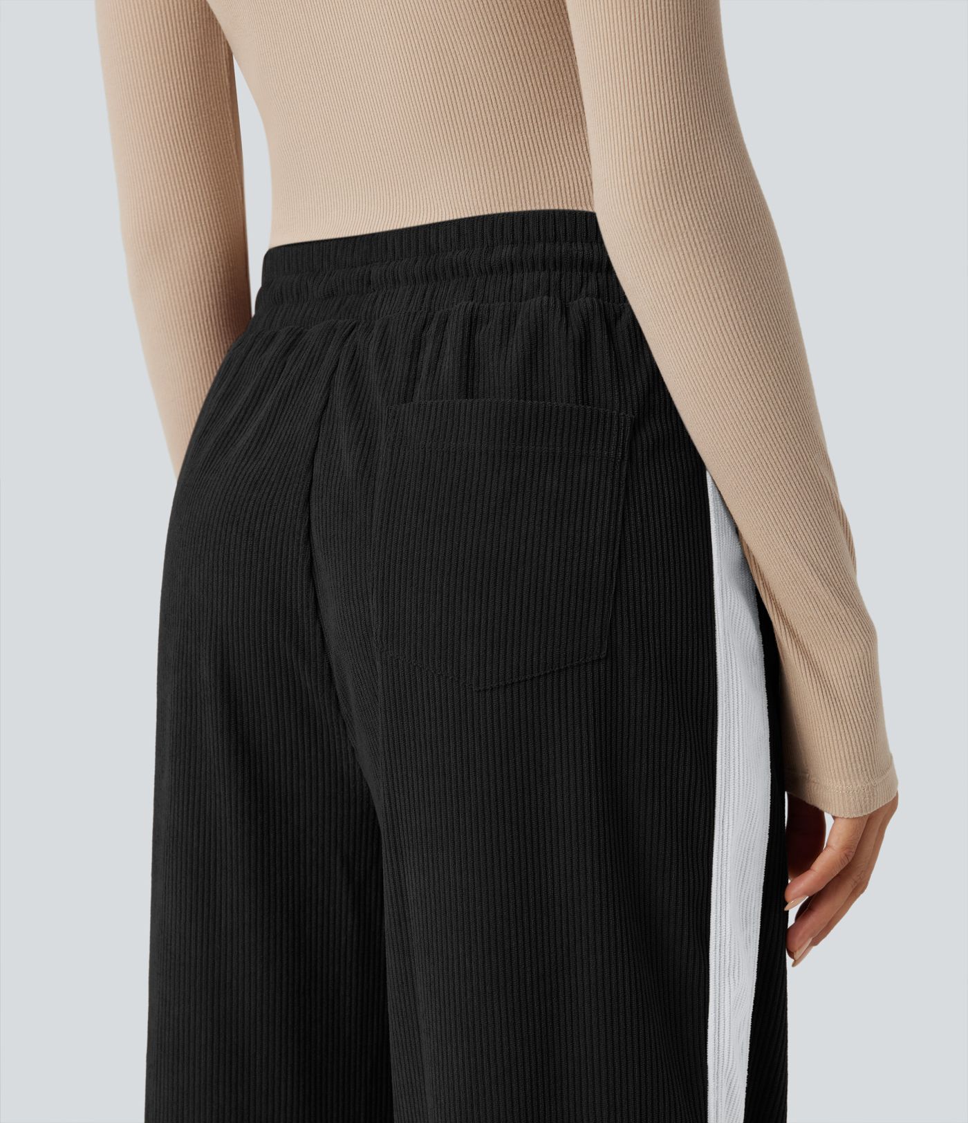 High Waisted Drawstring Straight Leg Color Block Corduroy Casual Pants with Pockets