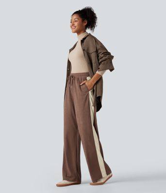 Hochgeschnittene Cordhose im Colorblock-Design mit Kordelzug, geradem Bein und Taschen