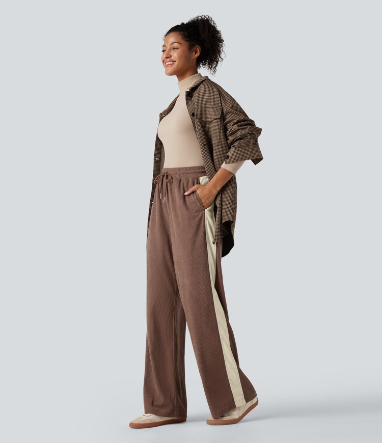 Hochgeschnittene Cordhose im Colorblock-Design mit Kordelzug, geradem Bein und Taschen