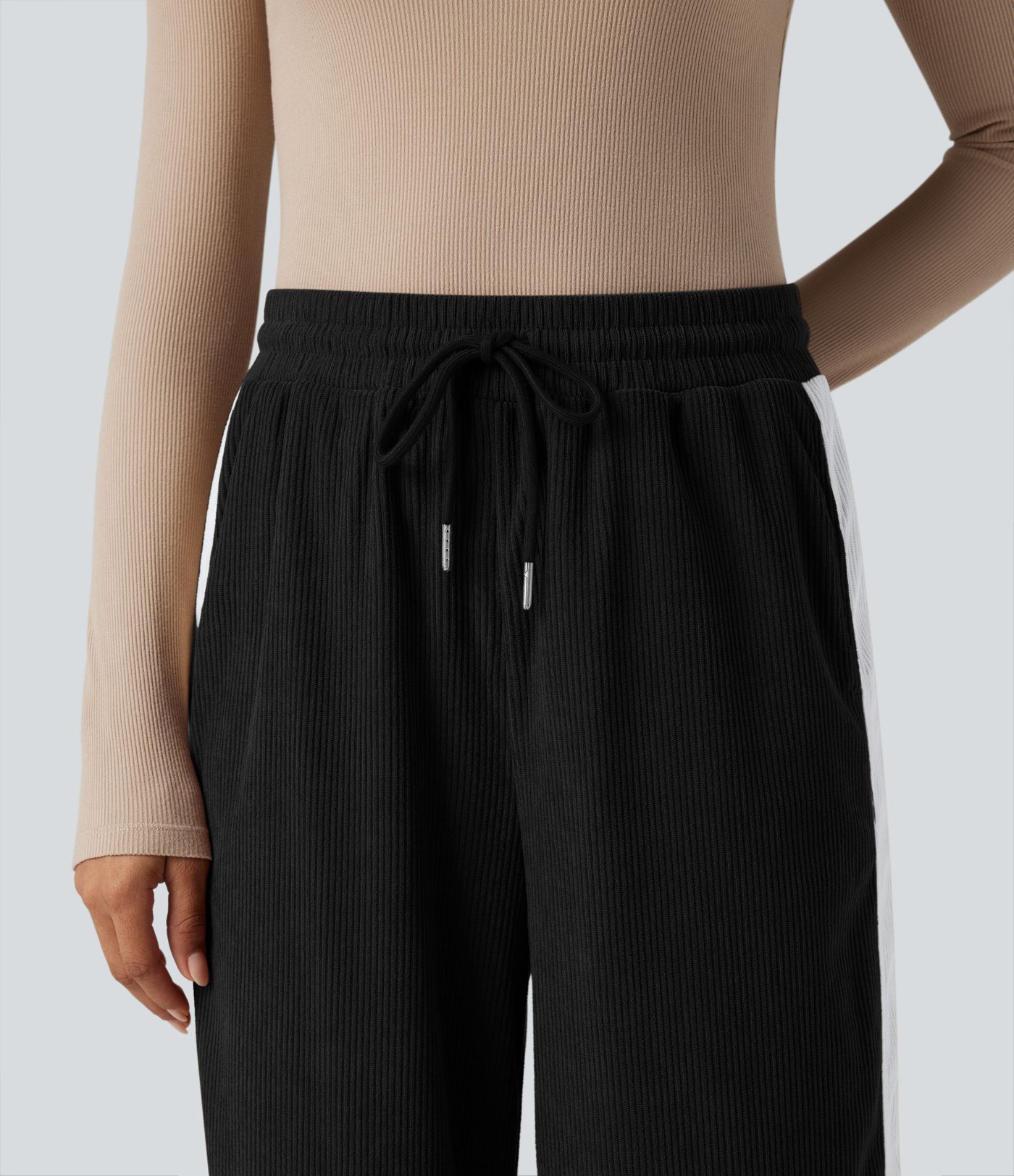 High Waisted Drawstring Straight Leg Color Block Corduroy Casual Pants with Pockets