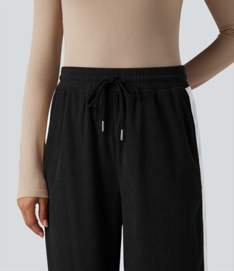 High Waisted Drawstring Straight Leg Color Block Corduroy Casual Pants with Pockets