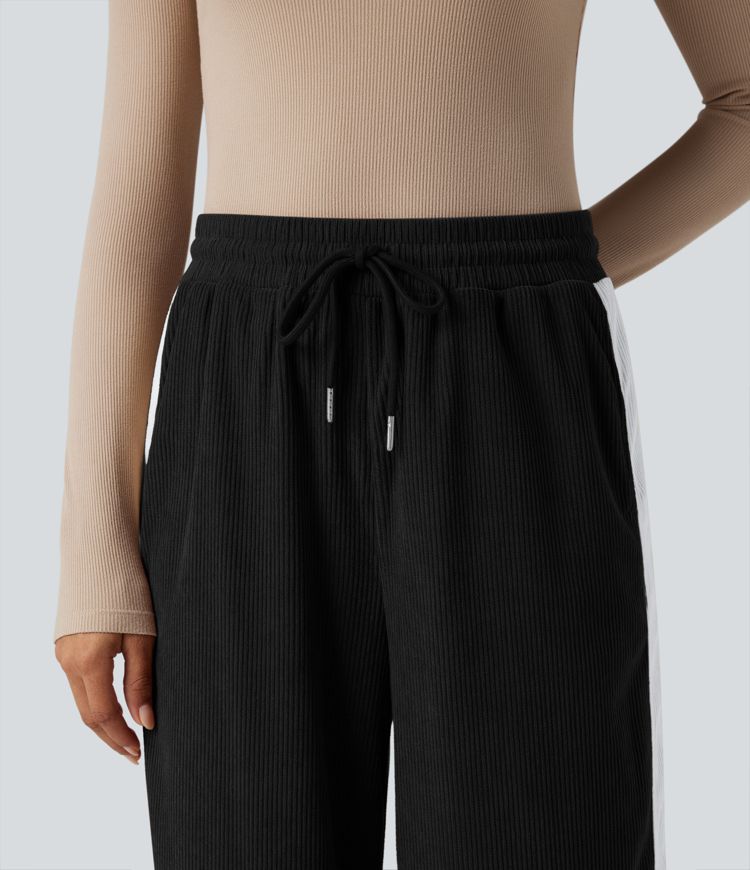 High Waisted Drawstring Straight Leg Color Block Corduroy Casual Pants with Pockets