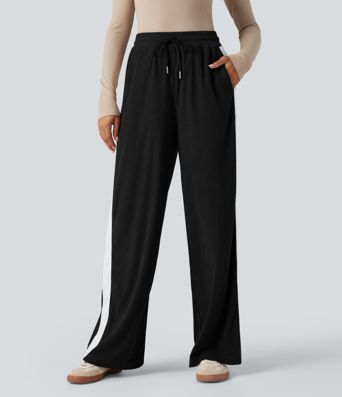 High Waisted Drawstring Straight Leg Color Block Corduroy Casual Pants with Pockets