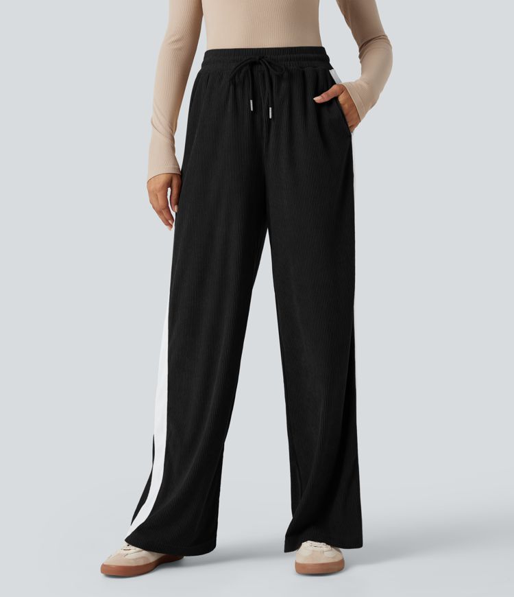 High Waisted Drawstring Straight Leg Color Block Corduroy Casual Pants with Pockets