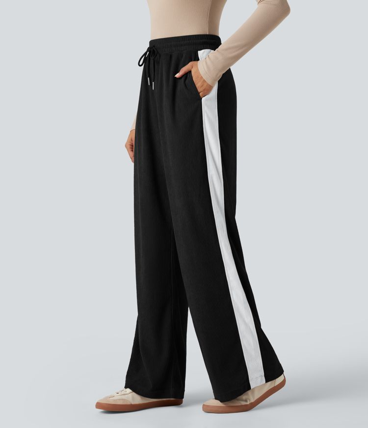 High Waisted Drawstring Straight Leg Color Block Corduroy Casual Pants with Pockets