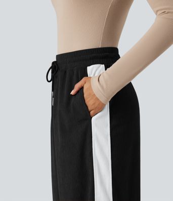 High Waisted Drawstring Straight Leg Color Block Corduroy Casual Pants with Pockets