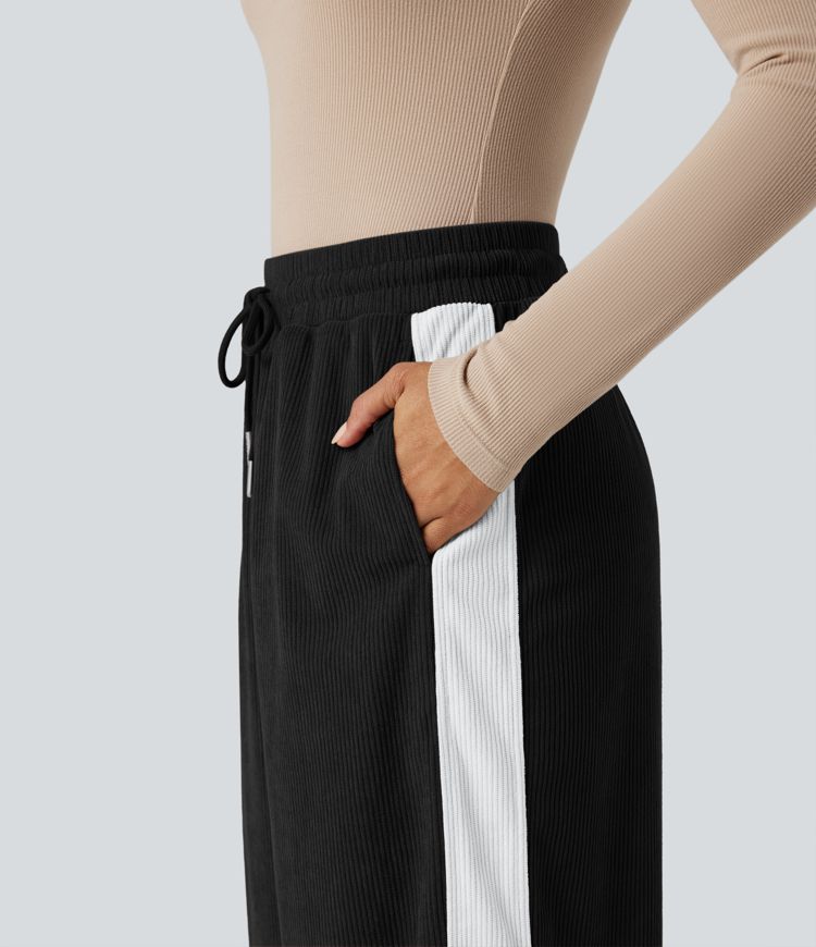 High Waisted Drawstring Straight Leg Color Block Corduroy Casual Pants with Pockets