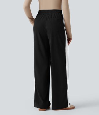 High Waisted Drawstring Straight Leg Color Block Corduroy Casual Pants with Pockets