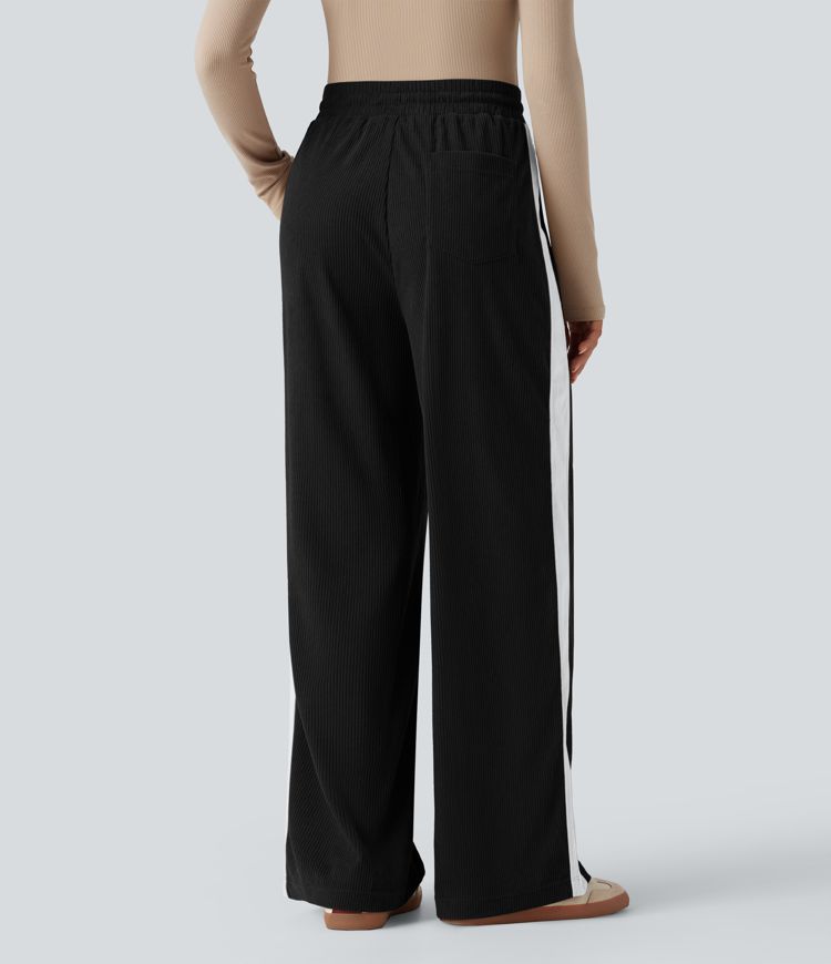 High Waisted Drawstring Straight Leg Color Block Corduroy Casual Pants with Pockets