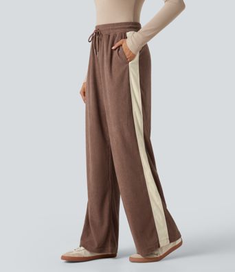 Hochgeschnittene Cordhose im Colorblock-Design mit Kordelzug, geradem Bein und Taschen