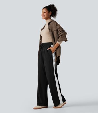 High Waisted Drawstring Straight Leg Color Block Corduroy Casual Pants with Pockets