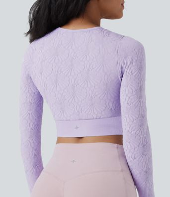 Haut de sport court et ajusté pour le yoga, manches longues, en jacquard sans coutures