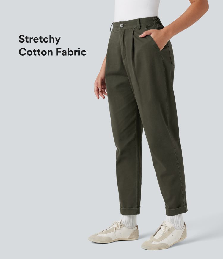 High Waisted Casual Chino Cotton Tapered Trousers with Pockets