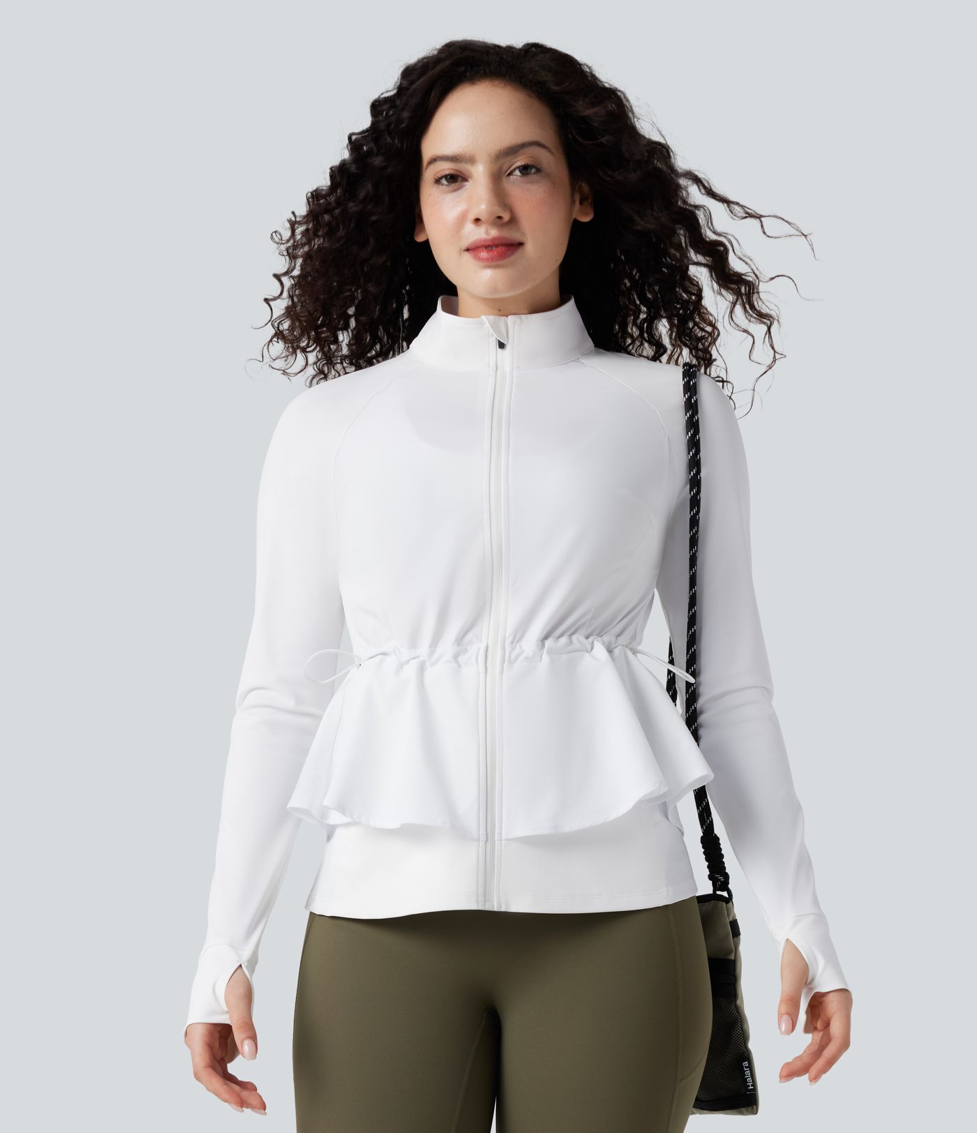 Durable Water Repellent High Neck Long Sleeve Thumb Hole Ruffle Hem Hiking Jacket with Pockets