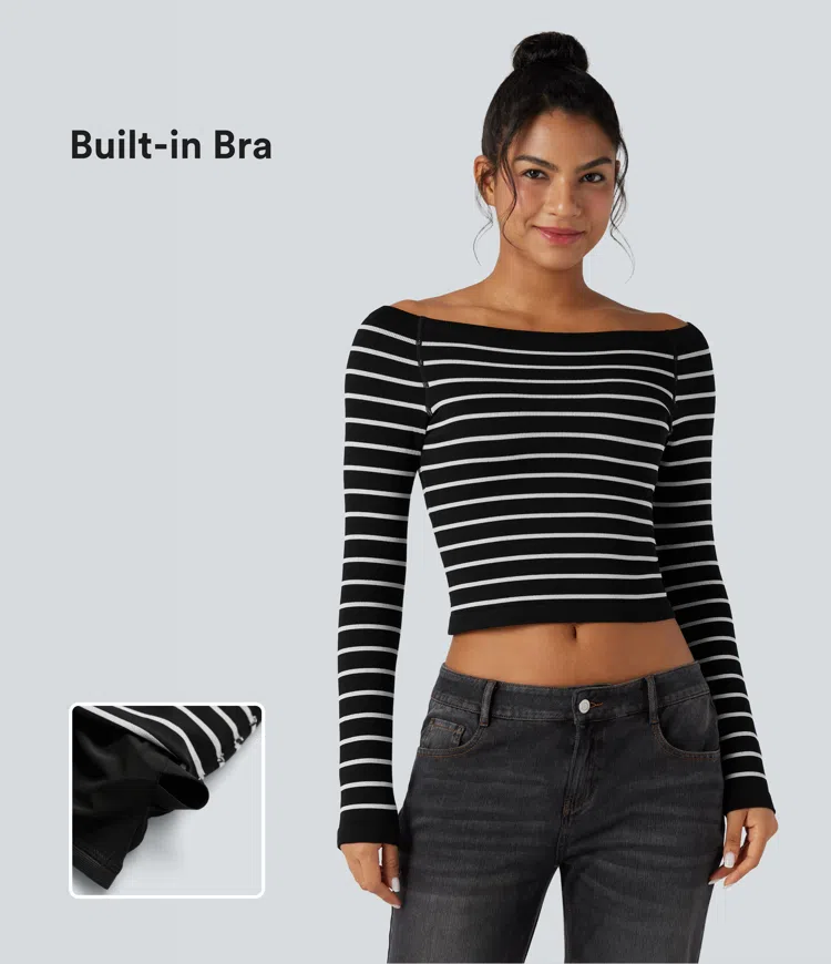 Black White Horizontal Stripe Haut de sport décontracté sans coutures, coupe fluide, à épaules dénudées, manches raglan longues, rayé / 1