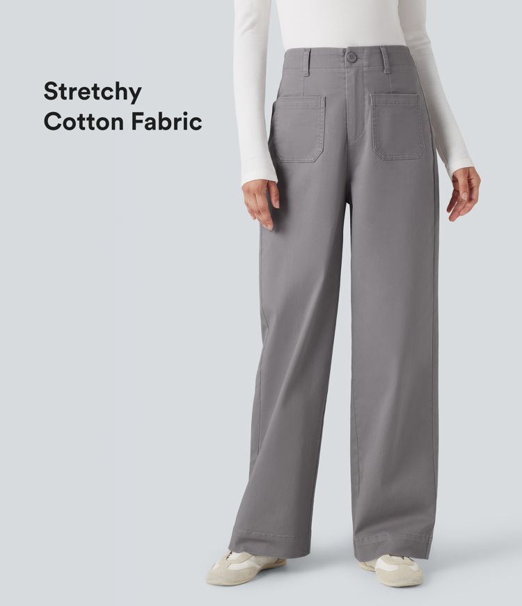 High Waisted Straight Leg Casual Chino Cotton Pants with Pockets