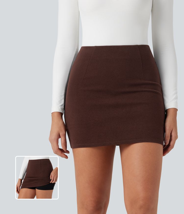Jupe mini moulante côtelée 2-en-1 taille haute