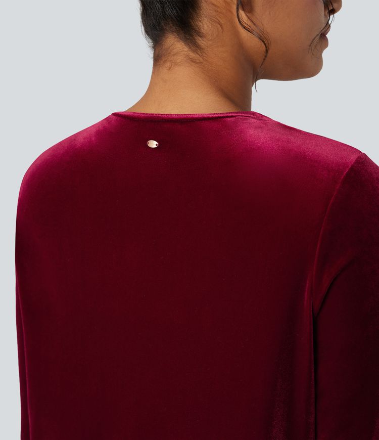Round Neck Long Sleeve Split Hem Velvet Lounge Top