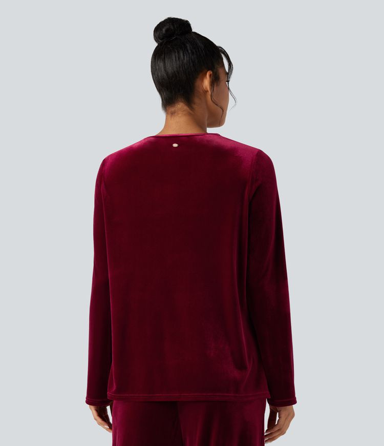 Round Neck Long Sleeve Split Hem Velvet Lounge Top