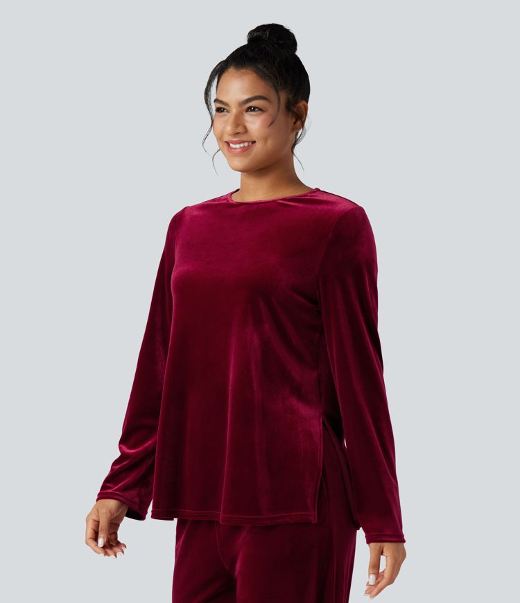 Round Neck Long Sleeve Split Hem Velvet Lounge Top