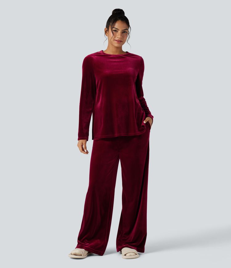 Round Neck Long Sleeve Split Hem Velvet Lounge Top