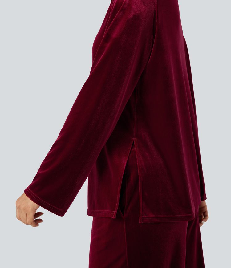 Round Neck Long Sleeve Split Hem Velvet Lounge Top