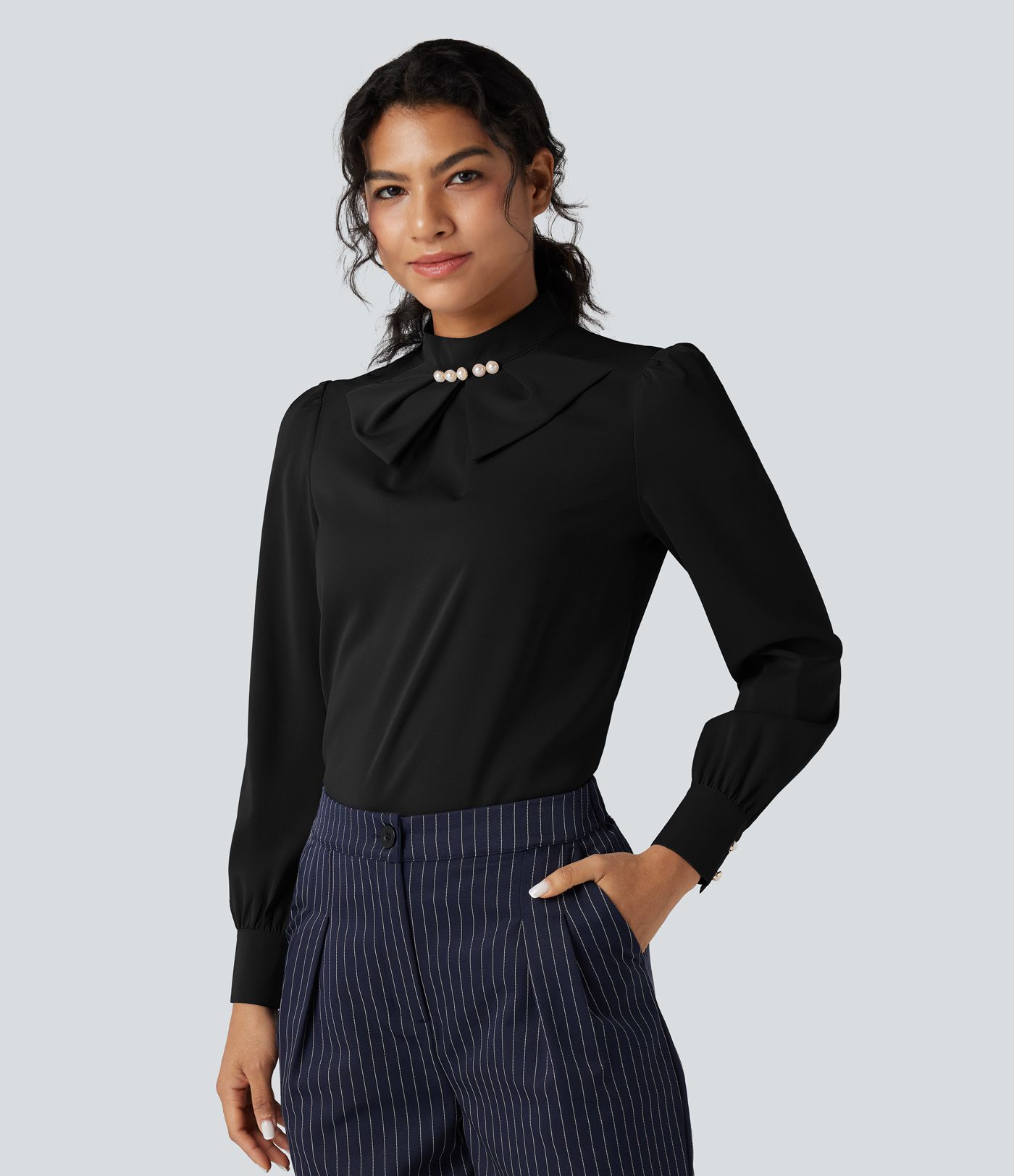 Wrinkle-resistant Bow Neck Puff Long Sleeve Work Shirt