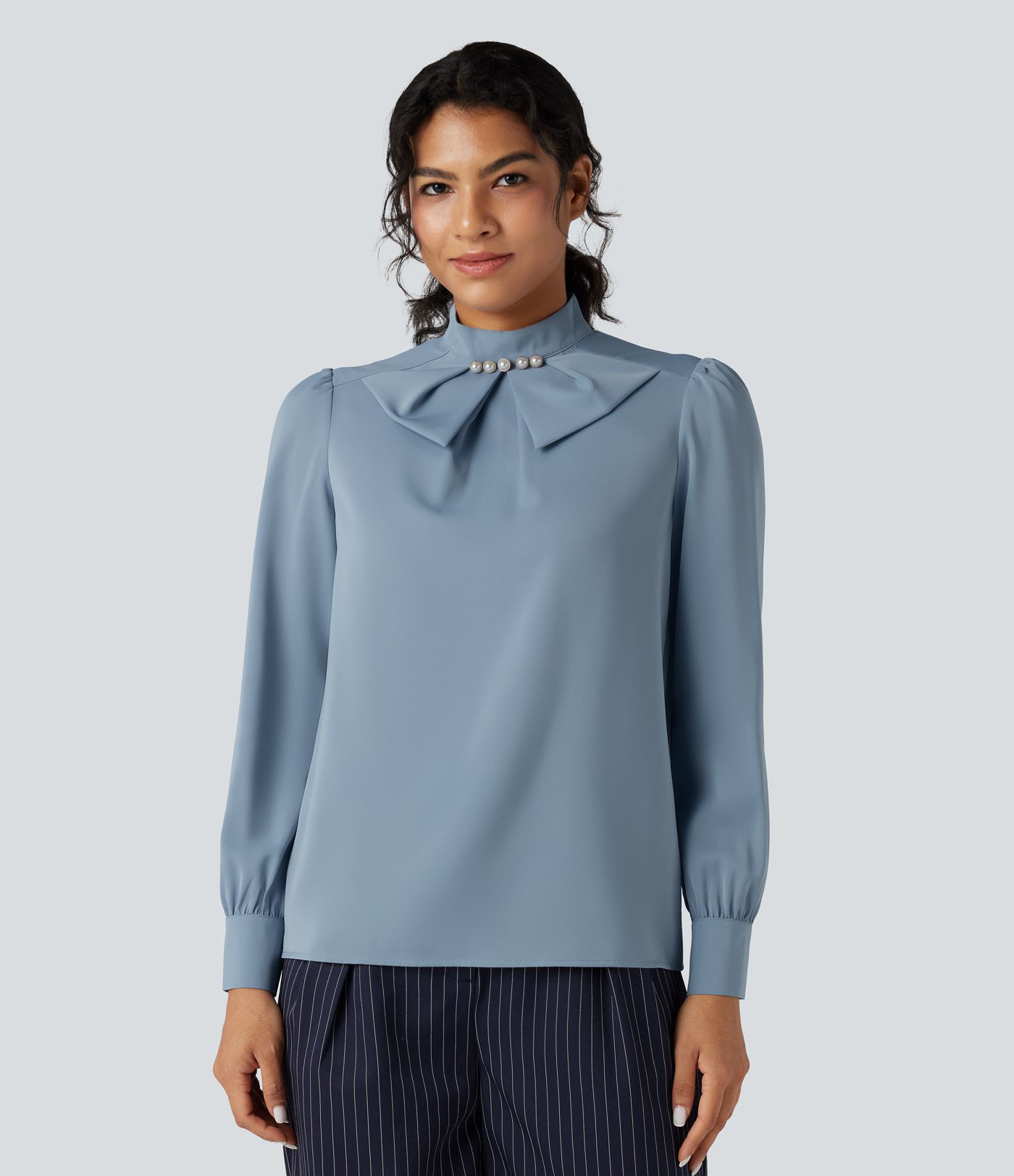 Wrinkle-resistant Bow Neck Puff Long Sleeve Work Shirt