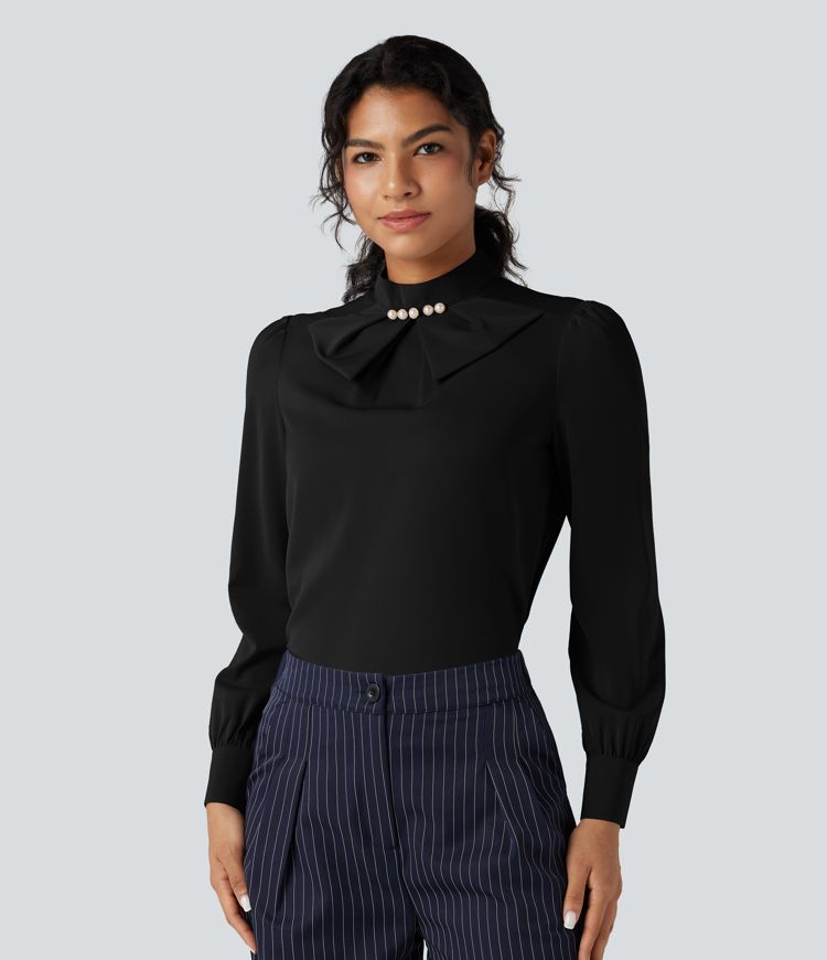 Wrinkle-resistant Bow Neck Puff Long Sleeve Work Shirt