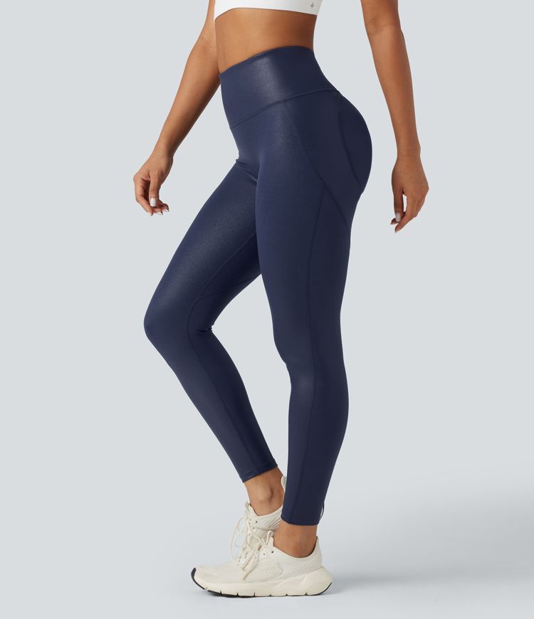 Halara Ultrasculpt™ Faux Leather Shine High-waisted Tummy Control Scrunch Training 7/8 Leggings with Pocket