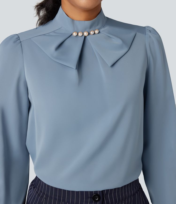 Wrinkle-resistant Bow Neck Puff Long Sleeve Work Shirt