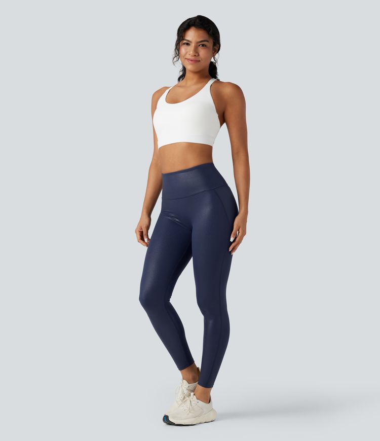 Halara Ultrasculpt™ Faux Leather Shine High-waisted Tummy Control Scrunch Training 7/8 Leggings with Pocket