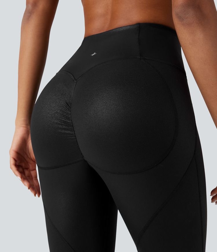 Faux Leather Shine High-waisted Tummy Control Scrunch Training 7/8 Leggings with Pocket