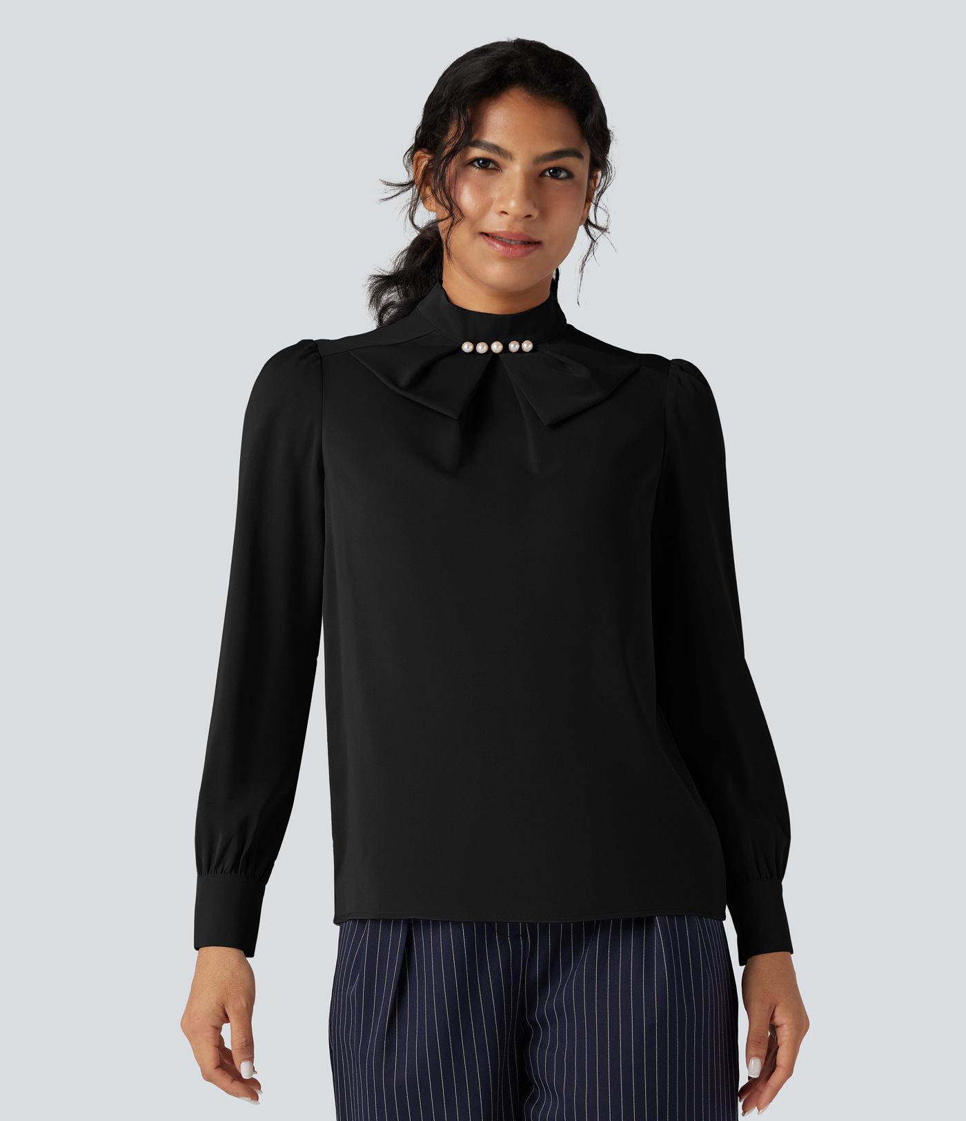 Wrinkle-resistant Bow Neck Puff Long Sleeve Work Shirt
