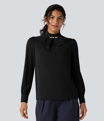 Wrinkle-resistant Bow Neck Puff Long Sleeve Work Shirt