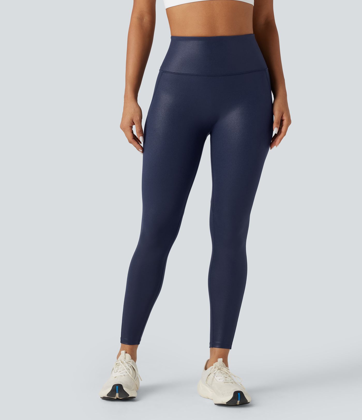 SoCinched γυαλιστερό κολάν 7/8 από συνθετικό δέρμα, ψηλόμεσο, με έλεγχο κοιλιάς, σούρα, για προπόνηση, με τσέπη