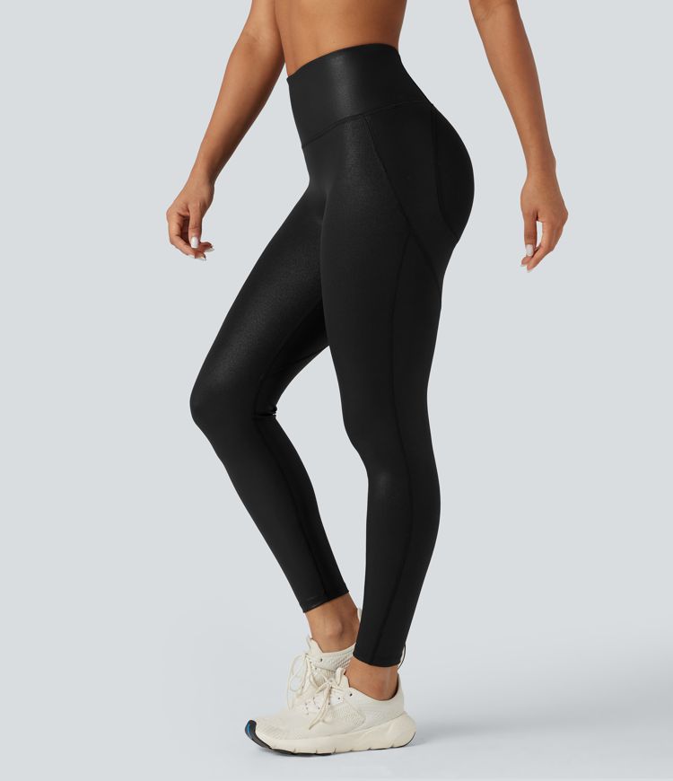 Faux Leather Shine High-waisted Tummy Control Scrunch Training 7/8 Leggings with Pocket